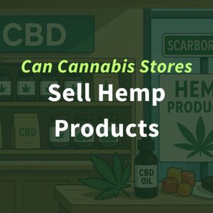 Illustration of CBD products with text: “Can Cannabis Stores Sell Hemp Products.” Includes jars, CBD oil, and a Scarborough sign.