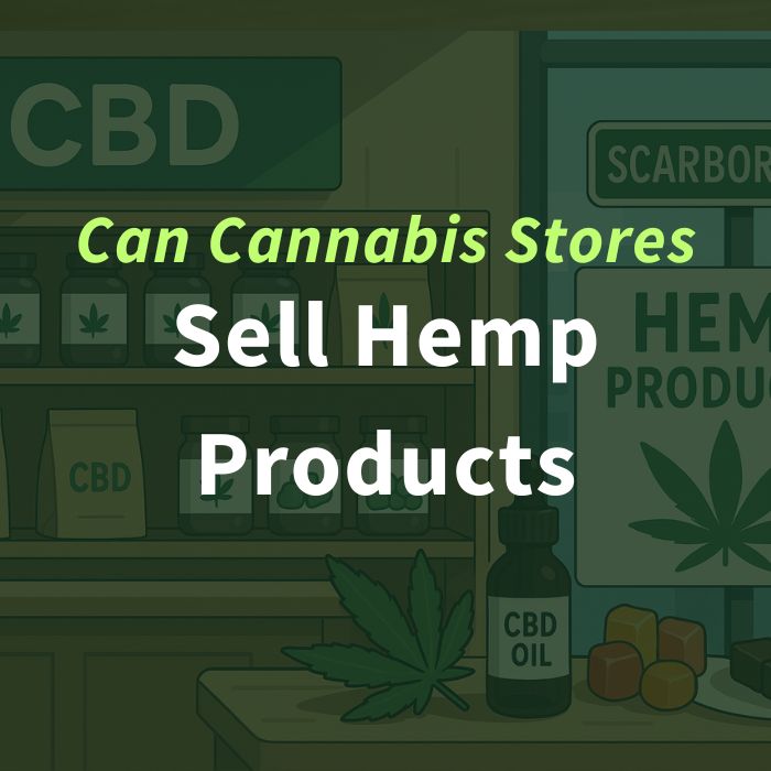 Illustration of CBD products with text: “Can Cannabis Stores Sell Hemp Products.” Includes jars, CBD oil, and a Scarborough sign.