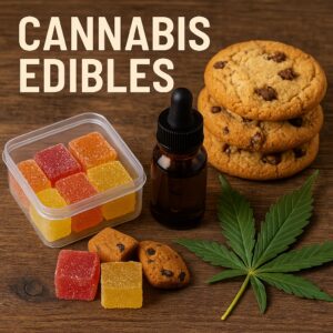 A flat lay image featuring cannabis edibles, including colorful gummies, chocolate chip cookies, a dropper bottle of cannabis oil, and a cannabis leaf on a wooden table, with the text "Cannabis Edibles" at the top.