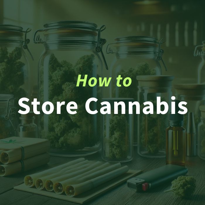How to Store Cannabis – glass jars filled with cannabis buds, rolled joints, and accessories displayed on a table in a cozy indoor setting.