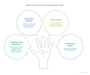 Infographic titled "Why should I buy from a licensed cannabis store?" with a central hand icon surrounded by five labeled benefits