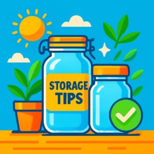  Colorful illustration of glass jars labeled "Storage Tips," surrounded by plants, leaves, and a bright sun in the background.