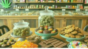 Display of various cannabis edibles including gummies, chocolates, cookies, and infused baked goods arranged on platters in a dispensary setting