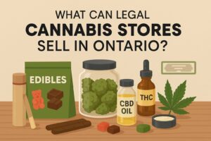 Image showing legal cannabis products in Ontario, including edibles, CBD oil, THC drops, dried flower, and a pre-roll.