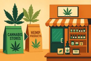 Illustration of a cannabis shop with hemp and cannabis product bags and labeled jars on shelves.