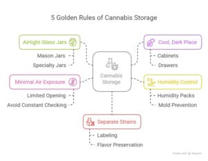Diagram showing key rules for cannabis storage: airtight jars, minimal air exposure, cool dark place, humidity control, and strain separation.