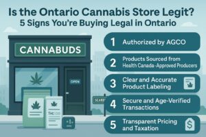 Image shows a cannabis store and lists 5 signs of legal purchase in Ontario, including AGCO authorization and clear labeling.