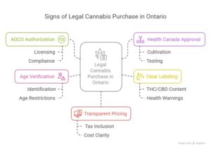 Infographic showing 5 signs of legal cannabis purchase in Ontario: AGCO authorization, age verification, Health Canada approval, clear labeling, and transparent pricing. Each is paired with related terms and icons.