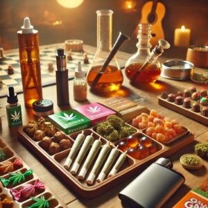 Assorted cannabis products including pre-rolls, edibles, tinctures, oils, and packaging arranged on a wooden table with a cozy background.