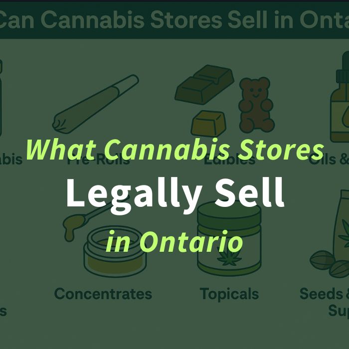 Image showing icons of cannabis products like pre-rolls, edibles, oils, concentrates, and topicals. Text reads: “What Cannabis Stores Legally Sell in Ontario.”