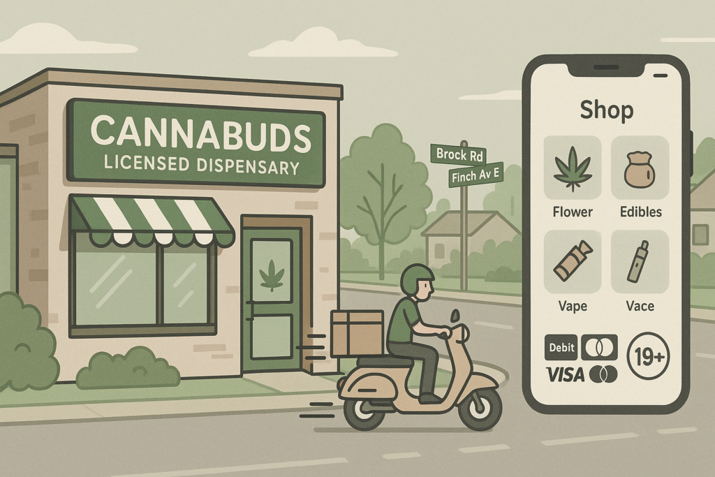 Cannabuds licensed dispensary in Brock Ridge offering same-day delivery for flower, edibles, and vapes via mobile order.