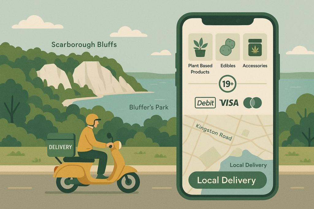 Cannabis delivery service in Scarborough near Bluffer’s Park with mobile app and local product options.