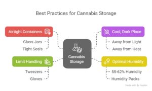 Infographic titled "Best Practices for Cannabis Storage" showing key guidelines: use airtight containers, limit handling with tools, store in a cool dark place, and maintain optimal humidity (55–62%) with humidity packs.
