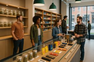 Customers browsing cannabis products and accessories at a licensed dispensary in Toronto with staff providing assistance.