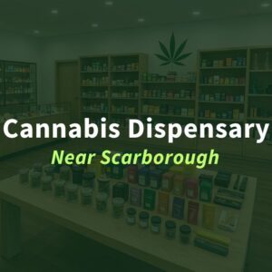 Interior of a modern cannabis store with colorful product displays and shelving, promoting the best cannabis dispensary in Scarborough.