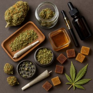 Flat lay of various cannabis products including dried flower, ground cannabis, pre-rolls, oil tincture, vape pen, edibles, and a cannabis leaf on a dark surface.