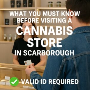 A person presents an ID to a staff member at a cannabis store counter, with bold text overlay stating "What you must know before visiting a cannabis store in Scarborough – Valid ID Required.