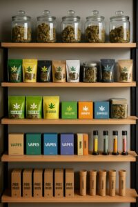Display shelves at a licensed cannabis dispensary featuring jars, flower pouches, vapes, and pre-rolls in vibrant packaging.