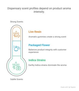 Infographic showing cannabis aroma intensity—from subtle Indica strains to strong-scented live resin gummies in dispensaries.