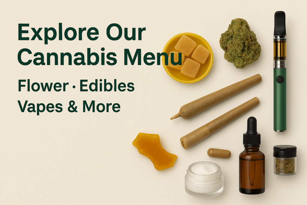 Cannabis products including flower, edibles, vapes, topicals, and pre-rolls displayed with menu text