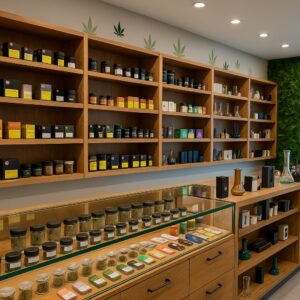 Wide selection of cannabis products in glass jars and packages displayed on wooden shelves at a licensed dispensary in Scarborough.