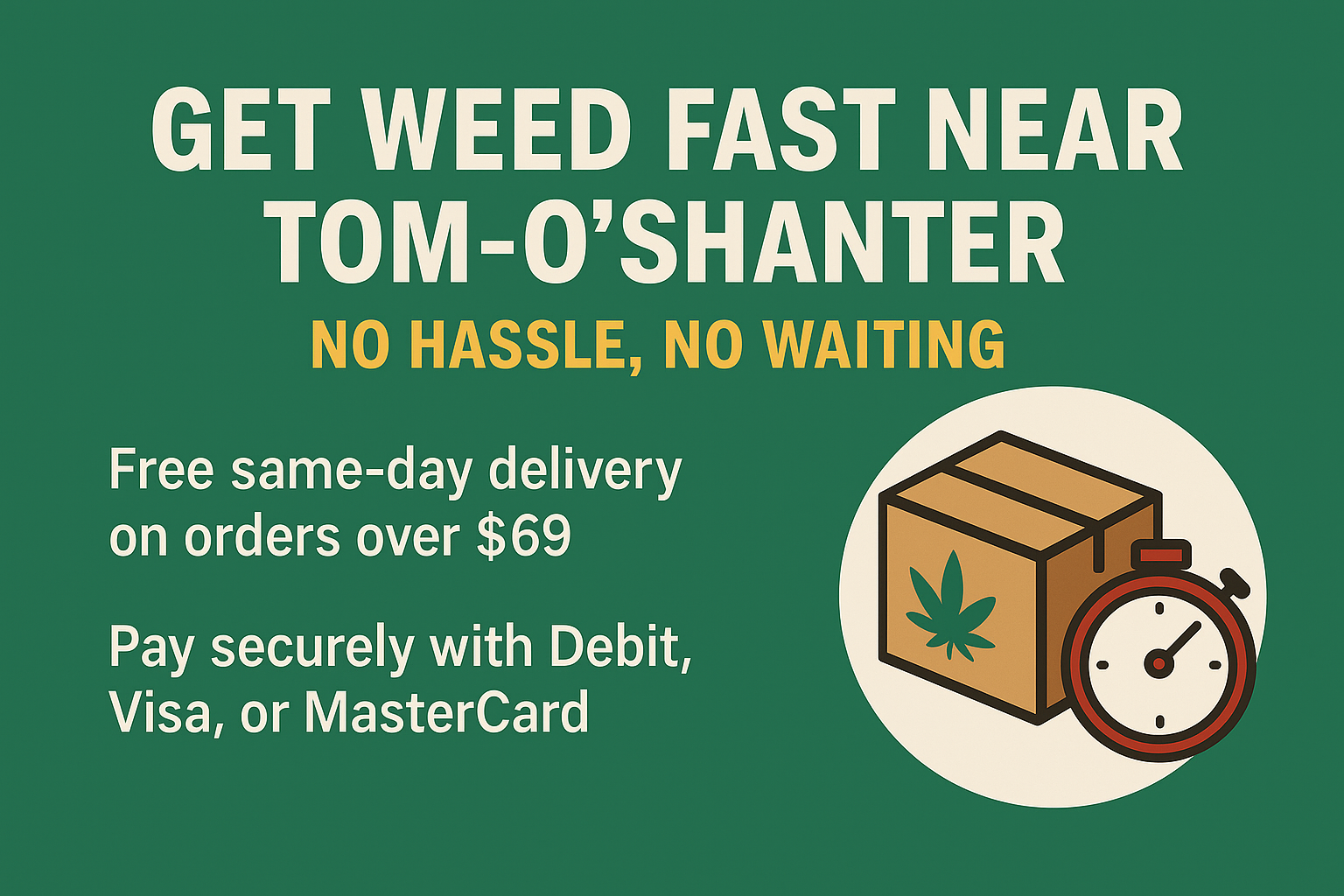 Illustration promoting same-day cannabis delivery near Tom-O’Shanter with package and stopwatch icon