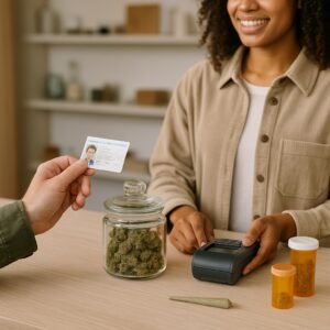 Customer hands over a photo ID to a smiling cannabis store employee at the checkout counter, with cannabis products and a payment terminal on the table.