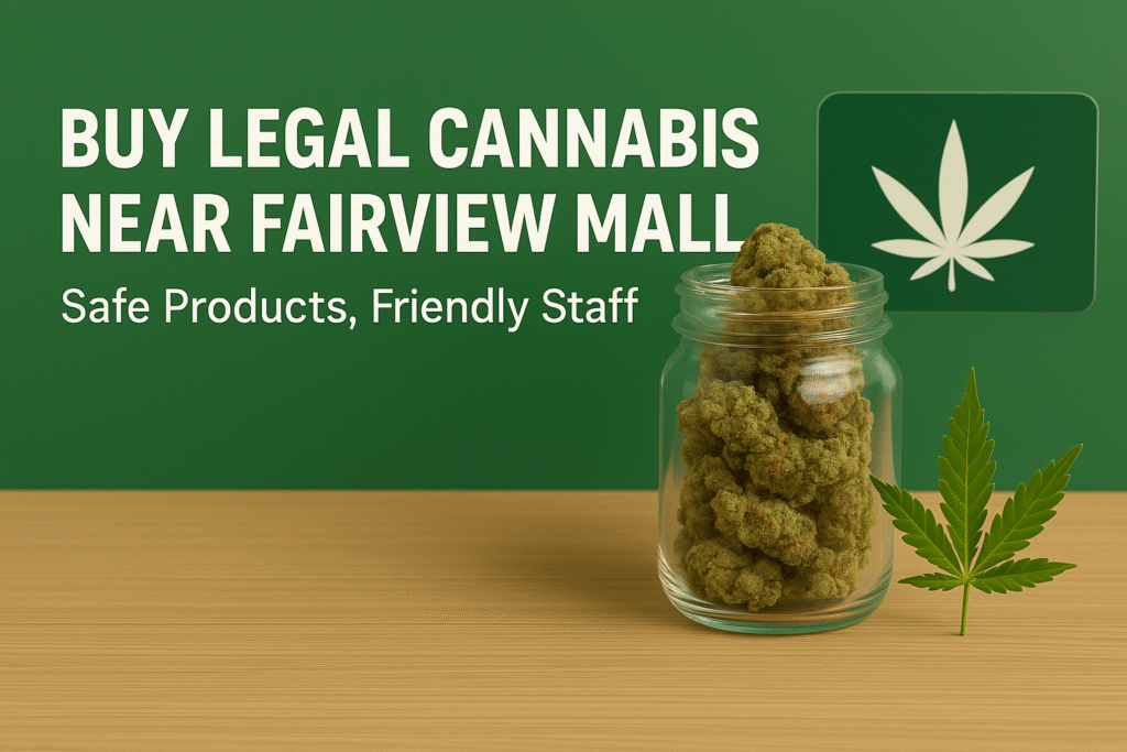 Glass jar of cannabis with leaf and sign promoting legal weed near Fairview Mall in Scarborough