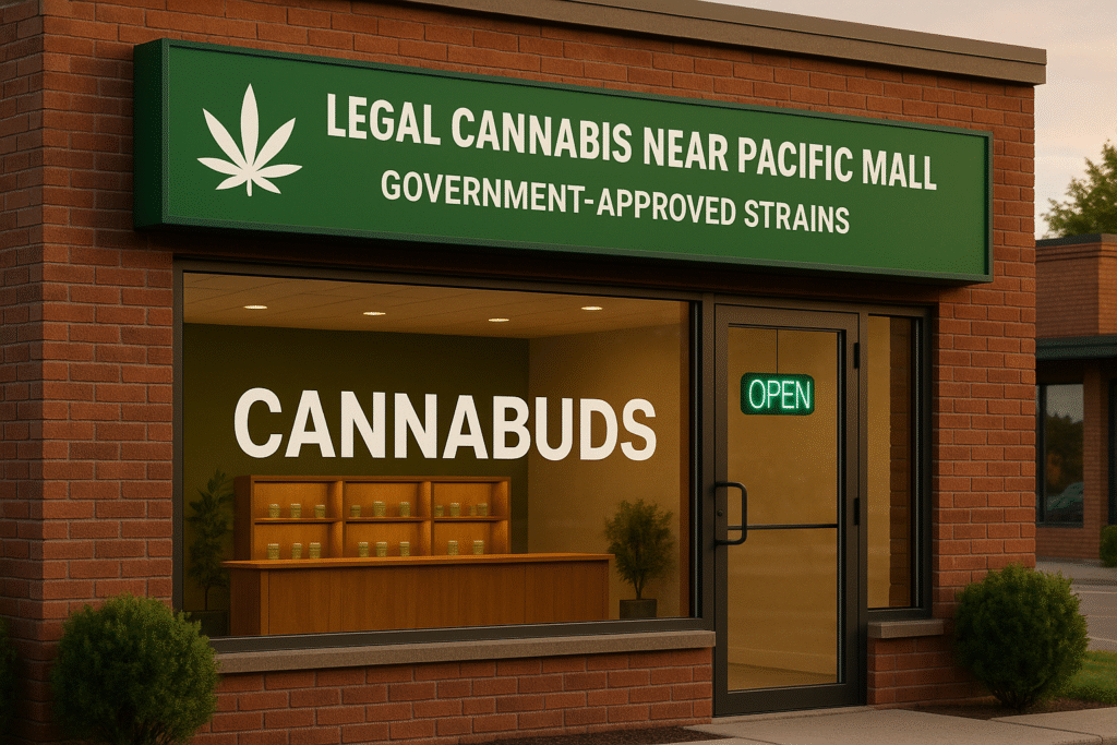 Cannabuds storefront with signage for legal cannabis near Pacific Mall and “OPEN” neon sign in window