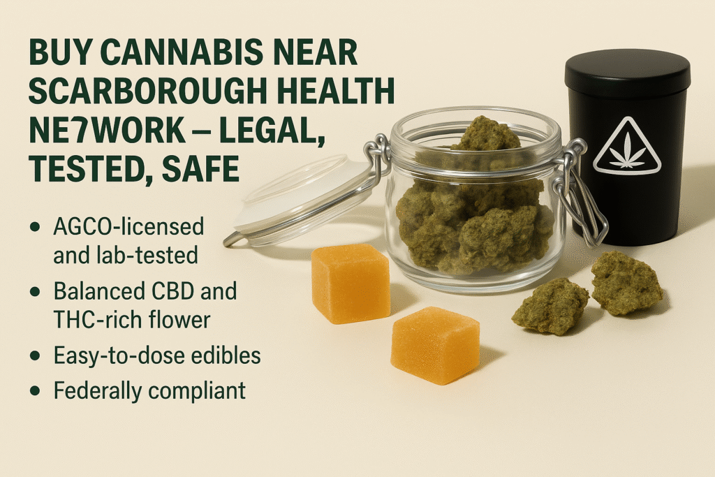 Cannabis jar, edibles, and safe container promoting legal, tested weed near Scarborough Health Network