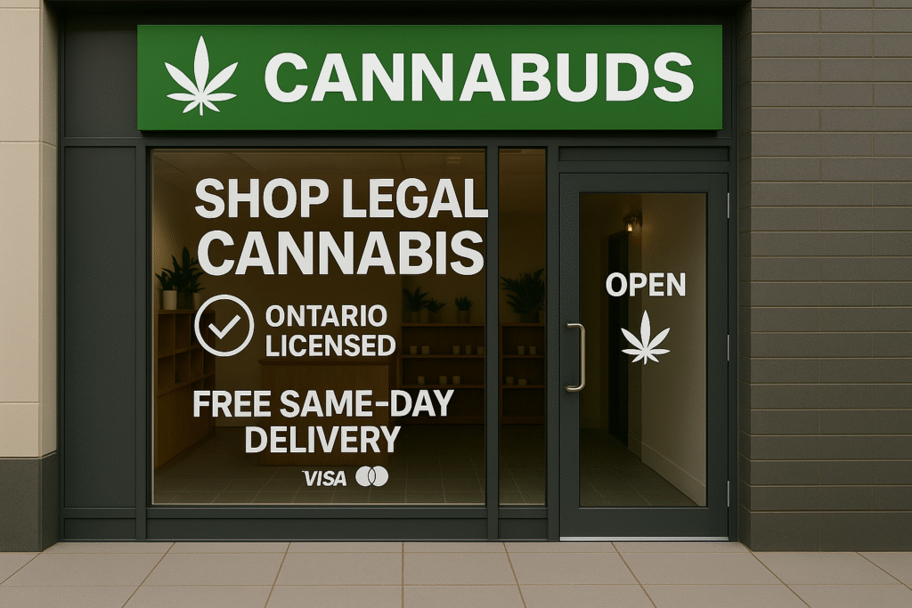 Cannabuds storefront with Ontario licensed notice and same-day delivery sign displayed on glass doors