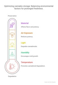 Infographic showing how material, air exposure, light, humidity, and temperature affect cannabis storage, freshness, and potency.