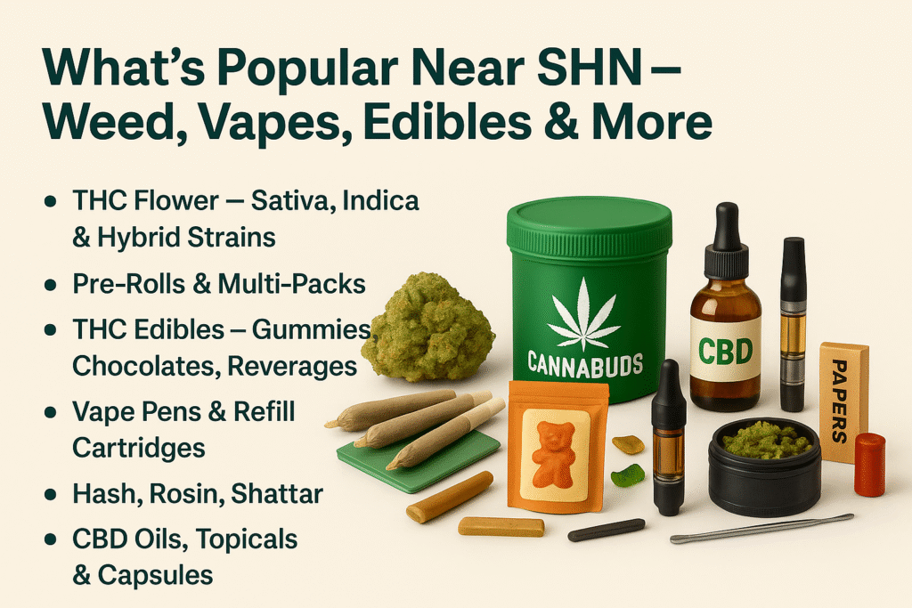 Display of cannabis products including pre-rolls, gummies, CBD oil, vapes, and accessories near SHN