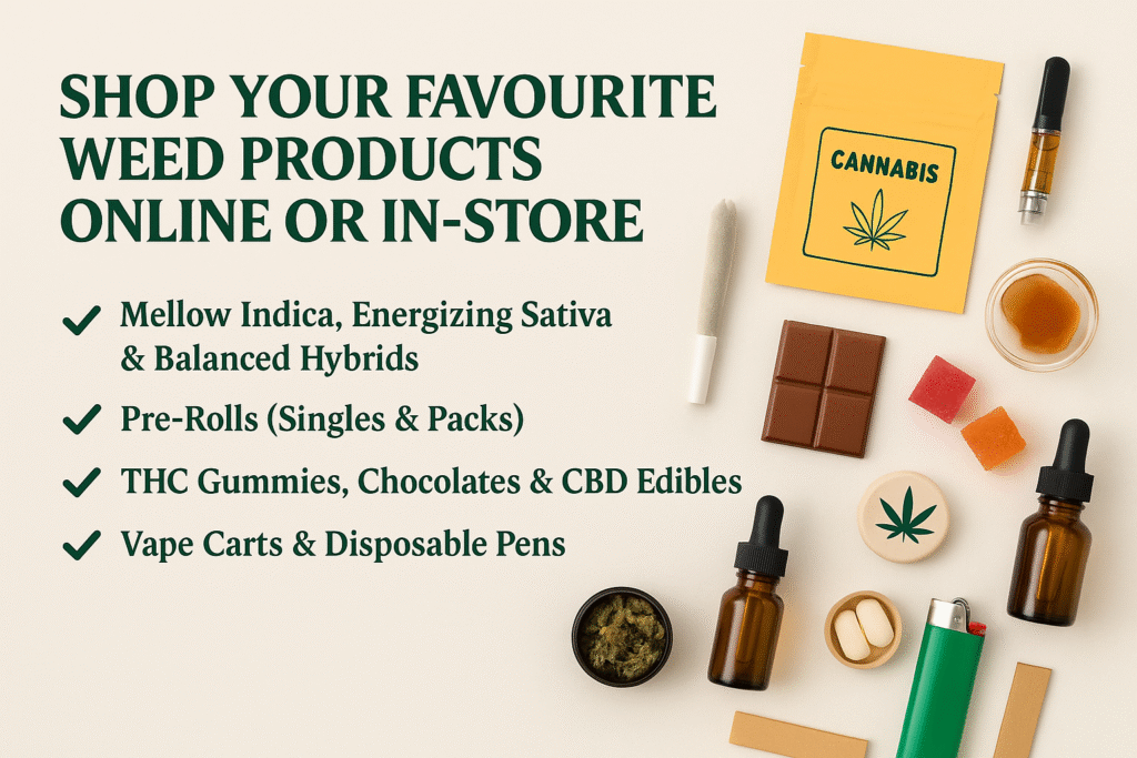 Various cannabis items including edibles, oils, pre-rolls, and vapes with shopping list at Cannabuds