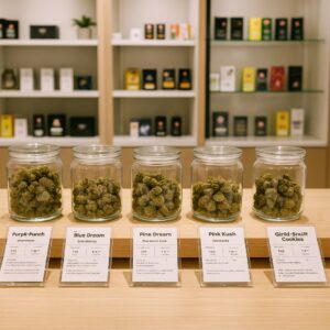 Glass jars filled with cannabis flower strains on display at a licensed Scarborough dispensary counter for customer selection.