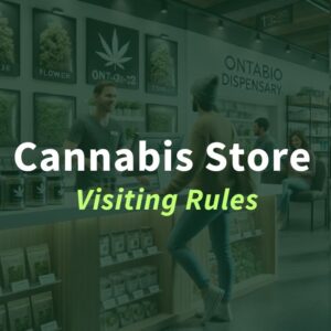 A customer interacts with a staff member inside a modern cannabis dispensary, with the text "Cannabis Store Visiting Rules" overlaid in bold white and green lettering.