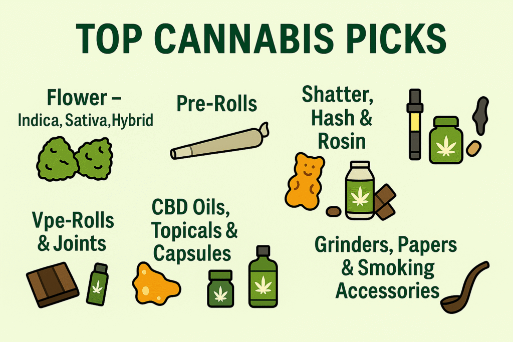 Icons of top cannabis picks including flower, pre-rolls, oils, vapes, edibles, and accessories at Cannabuds