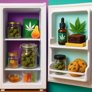 A colorful image showing cannabis products stored in a mini fridge and fridge door, including jars of cannabis flower, edibles like gummies and cookies, a tincture bottle, and infused brownie, highlighting various cannabis storage options.