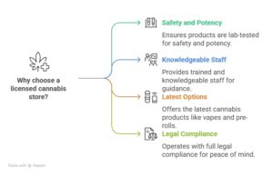 Infographic explaining why to choose a licensed cannabis store, highlighting benefits such as lab-tested safety, knowledgeable staff, access to the latest products, and full legal compliance.
