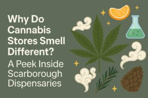Illustration showing cannabis aromas like citrus, pine, and terpenes, with headline about dispensary smells in Scarborough.