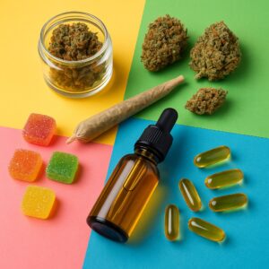 A colorful flat lay of various cannabis products for pain relief, including cannabis gummies, a pre-rolled joint, dried cannabis buds, oil capsules, a dropper bottle, and a glass jar filled with cannabis flower, all displayed on a multicolored background.