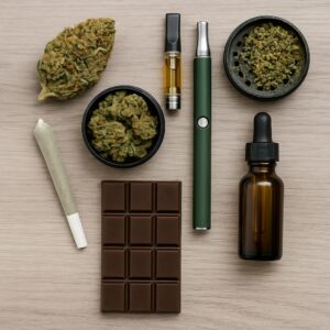 A flat lay of various cannabis products for pain relief on a wooden surface, including dried cannabis buds, a pre-roll joint, cannabis oil cartridge, vape pen, dropper bottle, ground cannabis in a grinder, and a bar of cannabis-infused chocolate.