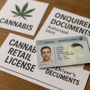 Close-up image of an Ontario driver's licence placed on top of various cannabis-related documents, including a “Cannabis Retail License” and signage indicating required documents for authorized cannabis stores in Ontario.