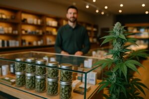 Interior of a cannabis retail store featuring a glass display case filled with jars of dried cannabis buds. A cannabis plant is prominently placed in the foreground, while a staff member stands behind the counter in a well-lit, modern store with wooden shelves displaying various cannabis products.