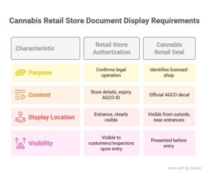A comparison chart outlining display requirements for cannabis retail store documents. It contrasts "Retail Store Authorization" and "Cannabis Retail Seal" across four characteristics: purpose, content, display location, and visibility, indicating how each must be shown and what information they contain.