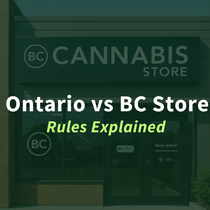 A storefront image of a BC Cannabis Store with overlaid text reading “Ontario vs BC Store – Rules Explained,” highlighting a comparison of cannabis retail regulations between the two provinces.