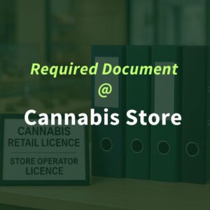 Sign displaying “Cannabis Retail Licence” and “Store Operator Licence” placed on a counter beside a row of green binders, with overlay text reading “Required Document @ Cannabis Store.”