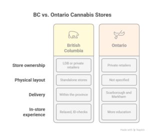 A comparison chart titled "BC vs. Ontario Cannabis Stores" outlining differences in store ownership, physical layout, delivery, and in-store experience between British Columbia and Ontario cannabis retailers. 