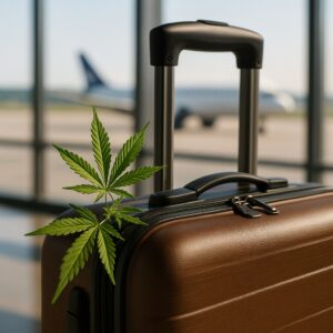 Close-up of a brown suitcase with an extended handle at an airport terminal, featuring a visible cannabis leaf resting on the zipper area. A blurred airplane is seen in the background through large glass windows.