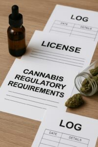 Flat lay image showing cannabis compliance materials including regulatory requirement forms, a license sheet, log forms, a dropper bottle, and a glass jar with cannabis buds on a wooden surface—highlighting the importance of documentation in cannabis retail.